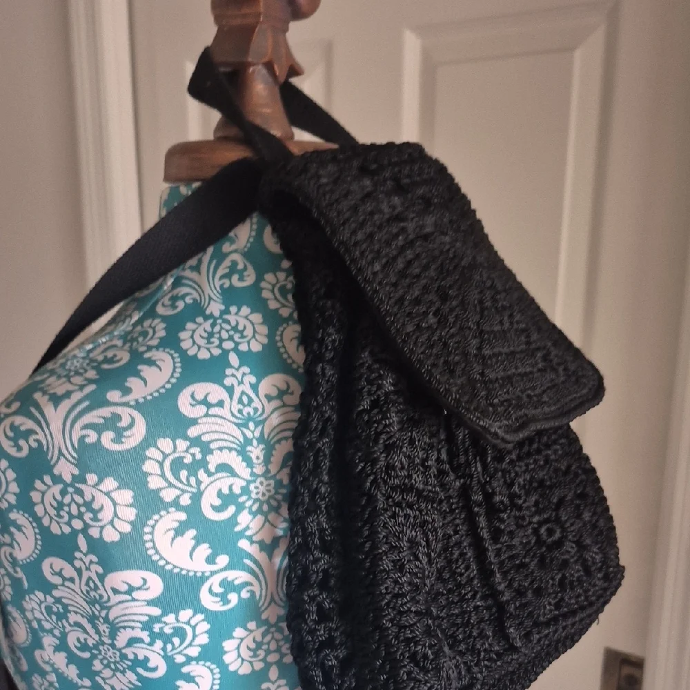 Black Crochet Backpack - Women's Casual Shoulder Bag